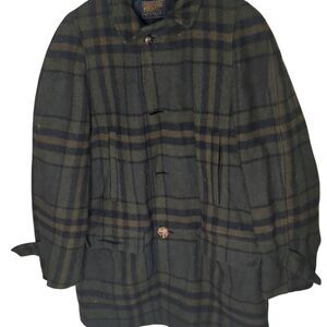 Vintage Pendleton Mackinaw Cruiser Coat Thick Green Brown Plaid Wool Lined 50s